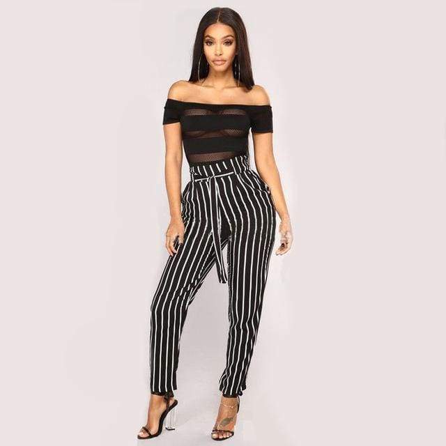 Clothing Black / S (US 2) Striped Strechy Elastic High Waist Harem Pants Women Bowtie Belt Slim Long Trousers Women's Casual Capris With Pockets (US 2-16)