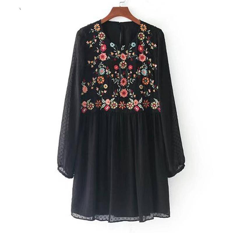 clothing Black / S (US 4-6) Floral Embroidery long shirt / Mini Dress (US 4 -10)