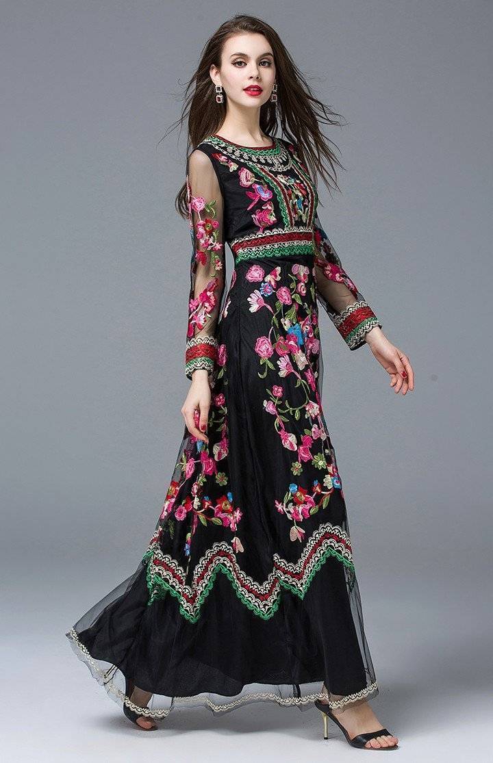 www.Nuroco.com - Runway Designer Long Gauze Floral Embroidery Dress (US 4-16) www.Nuroco.com - Runway Designer Long Gauze Floral Embroidery Dress (US 4-16)