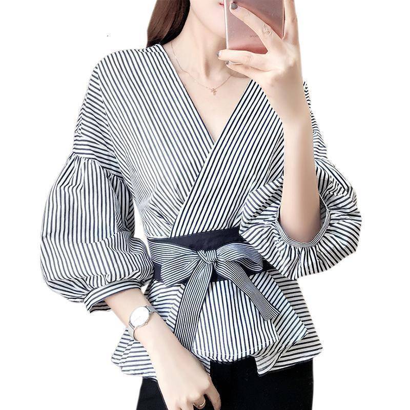 Clothing black / S (US 4-6) V-neck Striped Lantern Sleeve Blouse  (US 4-16)