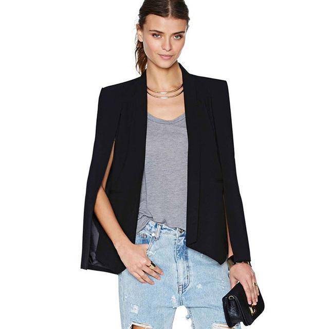 Clothing Black / S (US 4-6) Women Long Sleeve Lapel Cape Poncho Office Jacket Cloak Blazer Suit Coat (US 4-16)