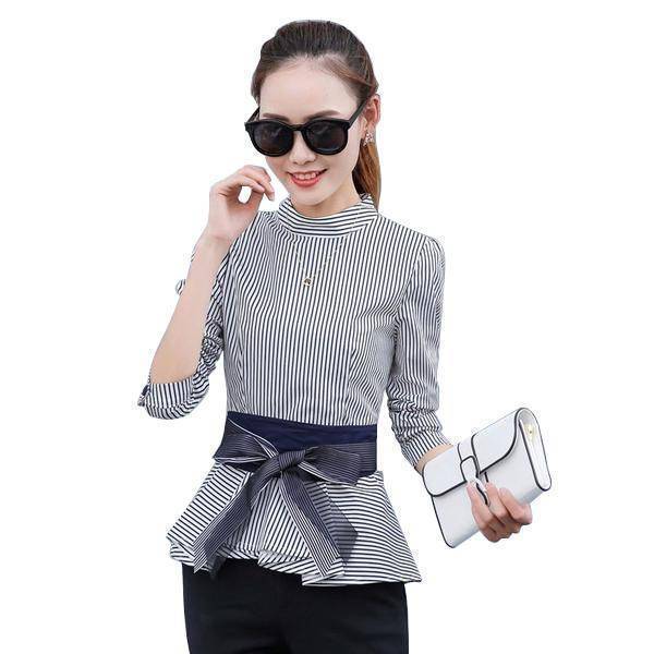 Clothing Black / S (US 4 ) Peplum Striped Blouses with Bow Long Sleeve Shirts  (US 4-12)