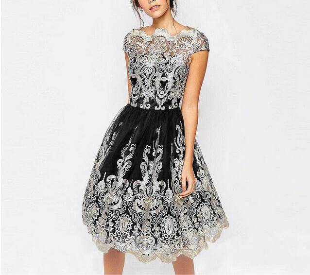 clothing Black / S (US 4) Petite Lace Embroidery Floral short dress, formal Dresses ( US 4 - 10)