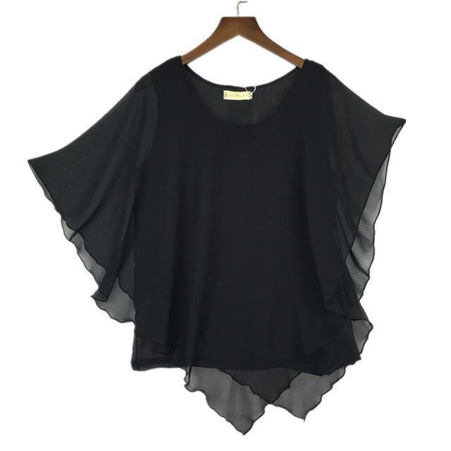 Clothing Black / S (US 6-8) Plus Size - 16 Color Plus size Ladies Chiffon Blouses ,Batwing sleeve tops shirts women asymmetric shirts (US 6-24W)