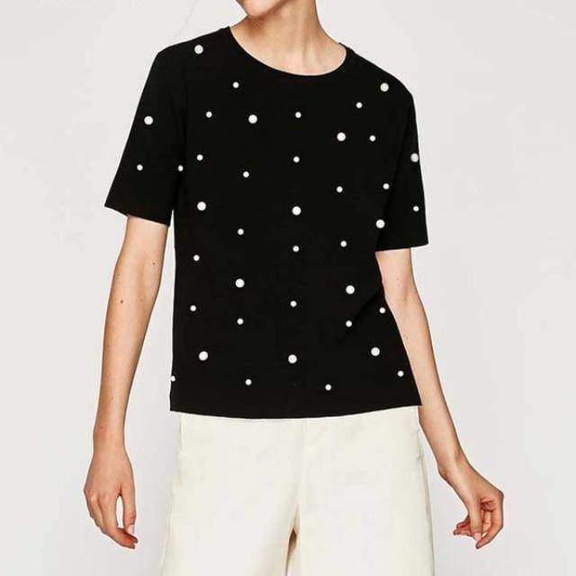 Clothing Black / S (US 6-8) Summer Pearls Beaded Cotton T-Shirt (US 6-14)
