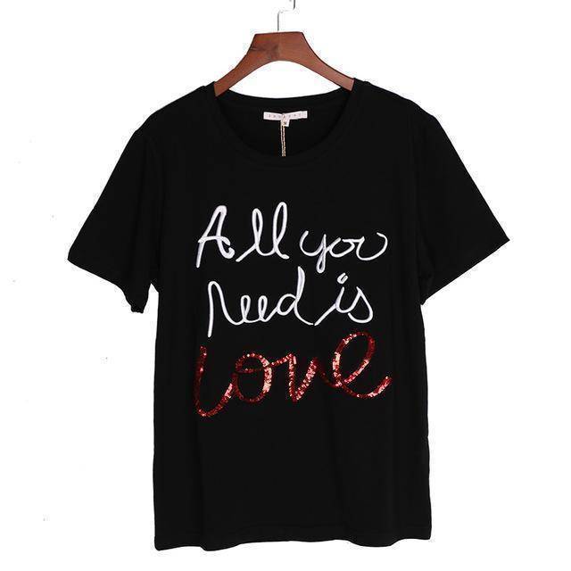 Clothing Black / S (US 6-8) Women Sequin Embroidery Tops Tees Cotton T-shirt - "All you need is love"    (US 6-12)