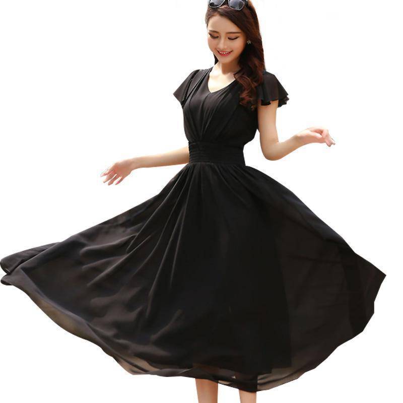 Clothing Black / S (US 6) Chiffon Solid Bohemian Dress Maxi dresses V-Neck Causal  (US 6-12)