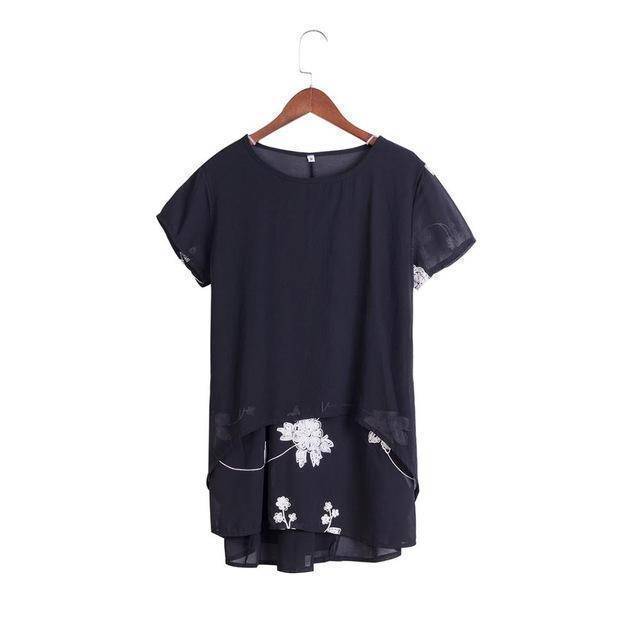 Clothing Black / S (US 8-10) Plus Size - Chiffon Blouse Loose Short Sleeve Embroidery Flower Print Patchwork (US 8-22W)