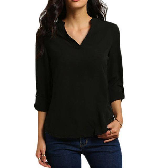 Clothing Black / S (US 8-10) Plus Size - New Summer Fashion Women Casual V-neck Long Sleeve Blouse Casual Womens Loose Tops Blouses Clothing (8-22W)