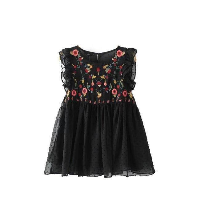 Clothing Black / S (US 8-10) Sweet floral embroidery pleated ruffled shirt cute sleeveless vintage doll blouse  (US 8-16)