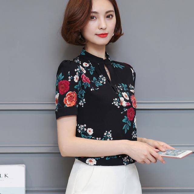 Clothing Black Short Sleeve / S (US 4-6) Korean floral printed chiffon shirt tops  (US 4-16)