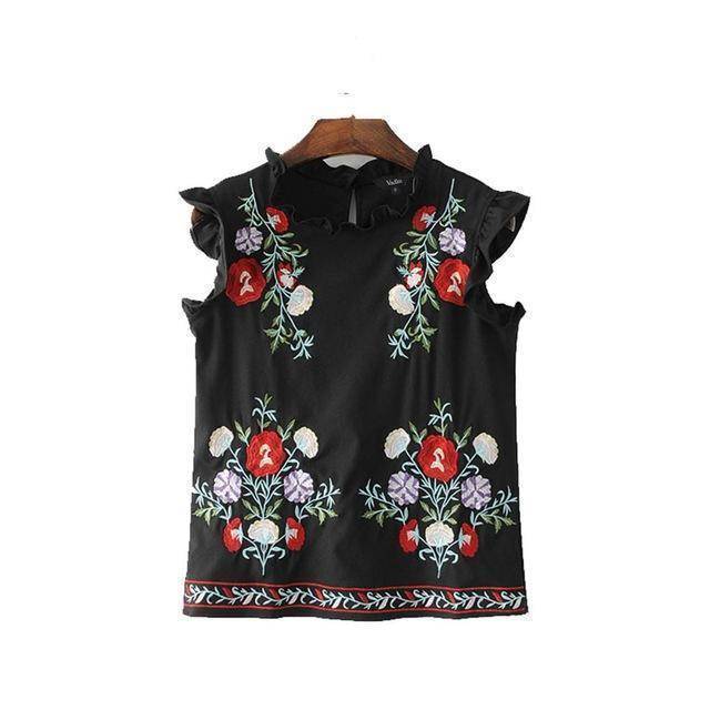Clothing Black Sweet ruffles floral embroidery sleeveless shirts