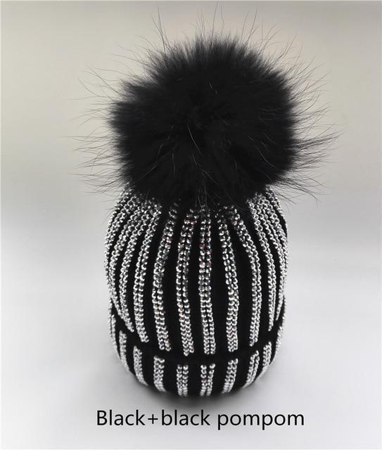Clothing black with black pom Removable Winter Warm Fur Pom pom Knitted bling Hats,  Skullies Beanie With 15cm Fur Ball