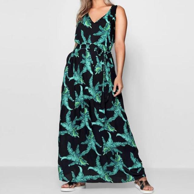Clothing black / XL (US 16W) Plus Size 5XL Big size Floral Print  green flower maxi women dress fashion V-neck long dress  Sleeveless casual party dress (US 16W-24W)
