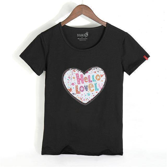 clothing Black / XS Petite Happy Reversible Sequin Cotton T-Shirt ( S /US 0 - XXXL/ US 12)