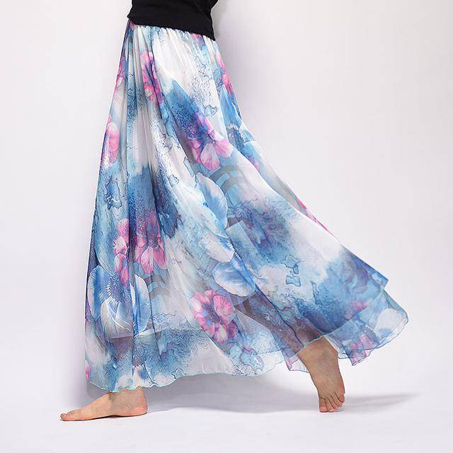 Clothing Blue Fits 20"-39" waist, Chiffon Floral Printed Boho long (Floor Length) Skirt  Fits up to (US 16)