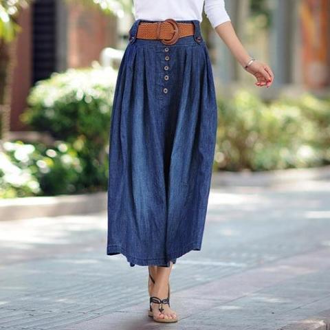 clothing blue / L (US 4-6) High waist denim long blue skirts with belt women jeans skirt, casual vintage bottom (US 2-10) - sale