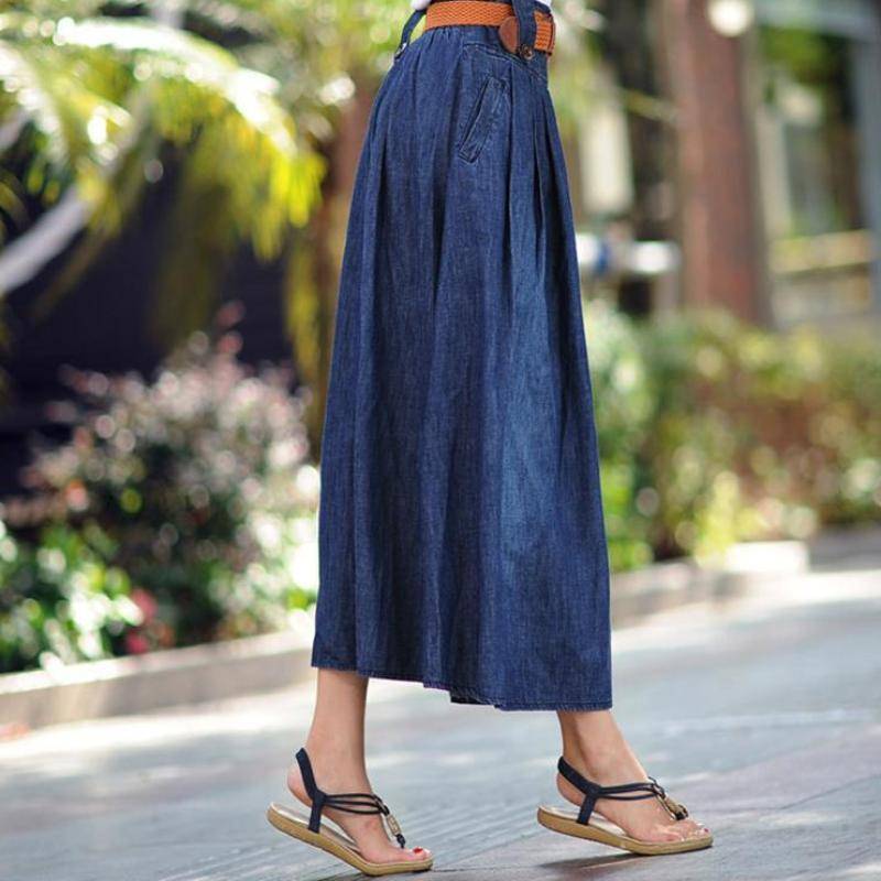 clothing blue / M (US 4-6) High waist denim long blue skirts with belt women jeans skirt, casual vintage bottom (US 2-10) - sale