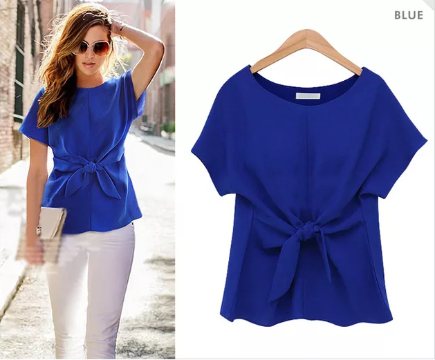 Clothing Blue / M (US 8-10) Plus Size - kimono Bowknot blouses O-neck short sleeve shirts chiffon casual top (US 8 - 22)
