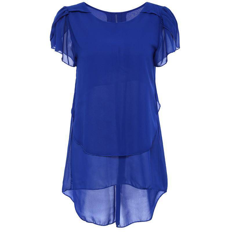 Clothing Blue / M (US 8-10) Plus Size - Womens Short Sleeve Chiffon Blouse Peplum Summer Tops Ladies Long Office Shirts Plus Size Ruffle Blouse Femme (US 8-20W)
