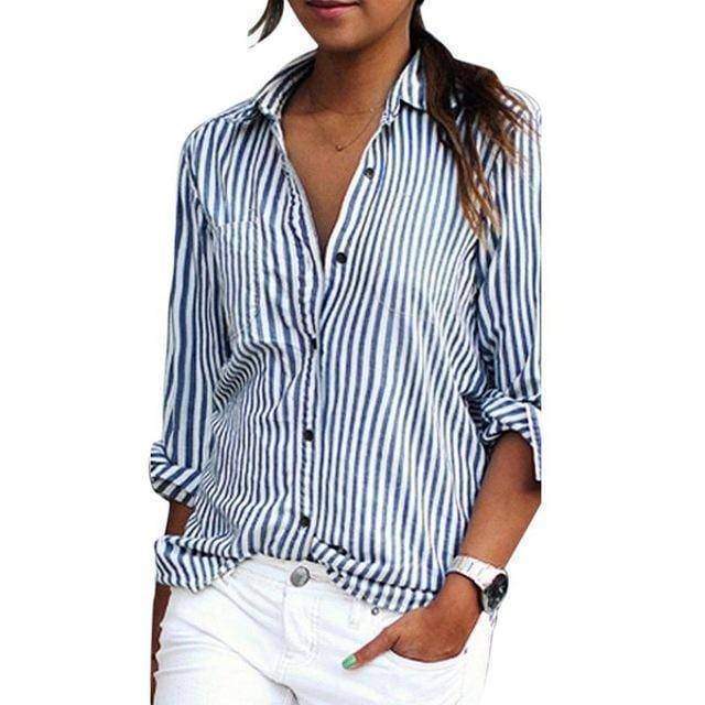 clothing Blue / S (US 10-12) Plus Size - Women Striped Long Sleeve Shirt (US 10-20w)