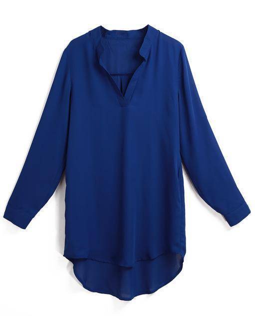 Clothing Blue / S (US 12) Plus Size - Chiffon Blouse Shirt, V Neck Pockets Roll up Long Sleeve Asymmetrical Shirt  (US 12-22W)