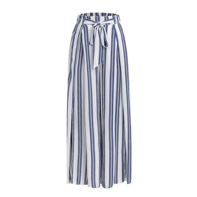 Clothing Blue / S (US 2-4) High split stripe  high waist wide leg pants