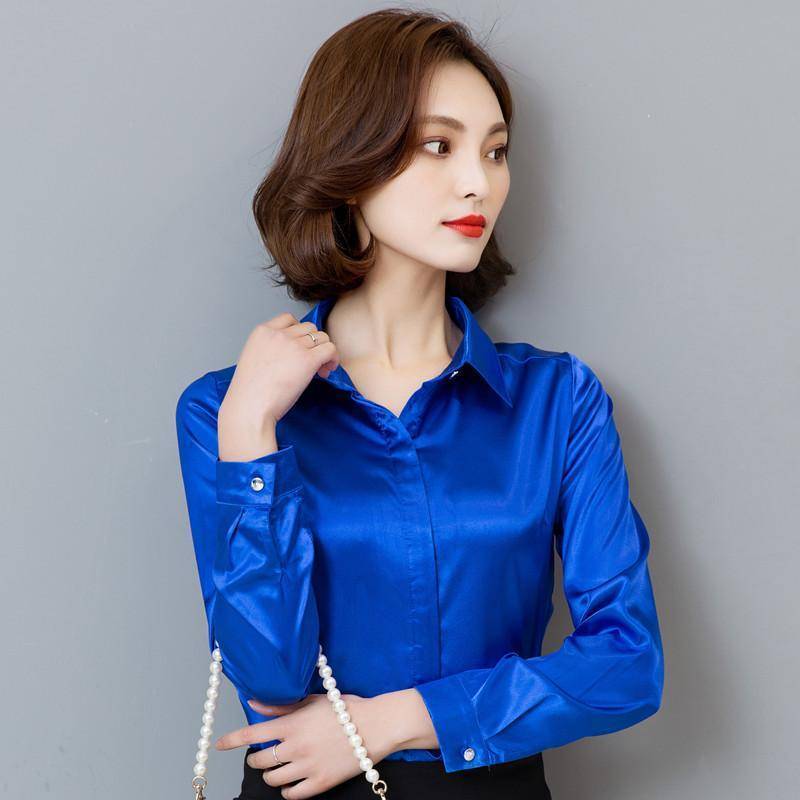 Clothing blue / S (US 2-4) Plus Size - Long Sleeve Silk Blouse  (US 4-16)