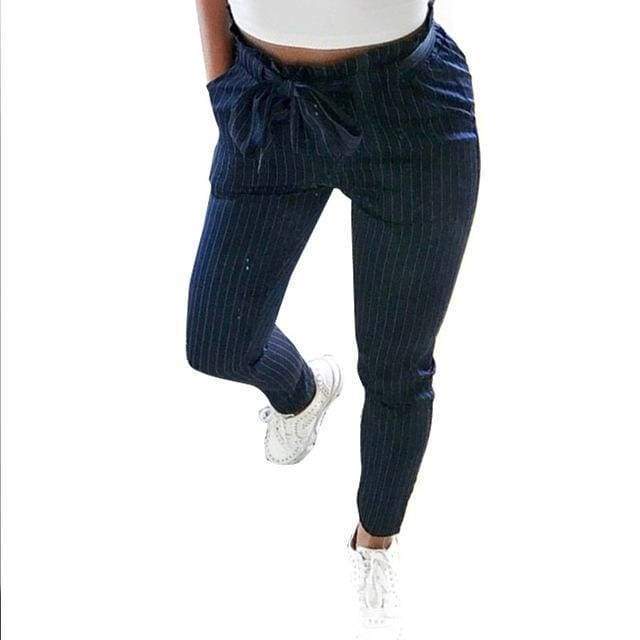 Clothing Blue / S (US 2) Striped Strechy Elastic High Waist Harem Pants Women Bowtie Belt Slim Long Trousers Women's Casual Capris With Pockets (US 2-16)