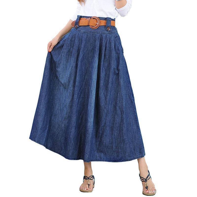 clothing blue / S (US 4-6) High waist denim long blue skirts with belt women jeans skirt, casual vintage bottom (US 2-10) - sale