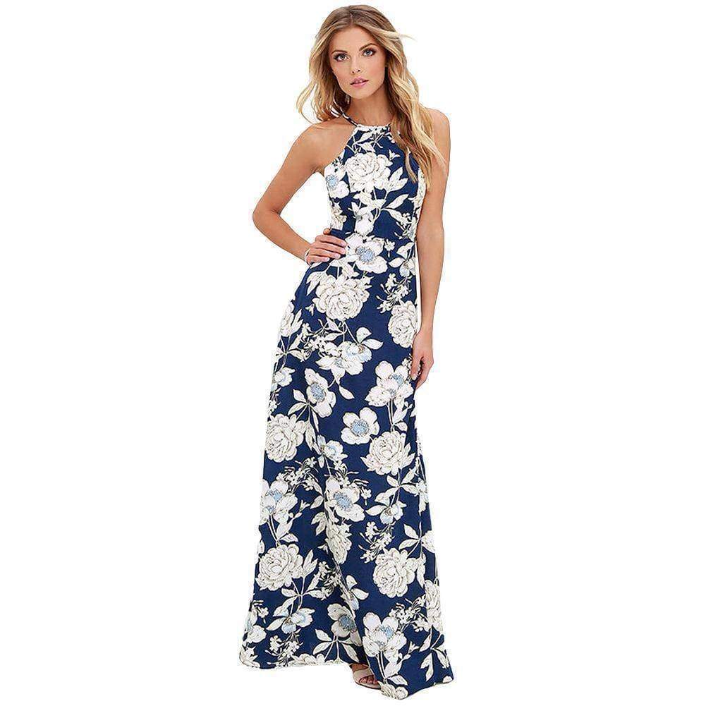 Clothing Blue / S (US 4-6) Plus Size Sexy Maxi Boho Dress Halter Neck Floral flower Print (US 4-20W)