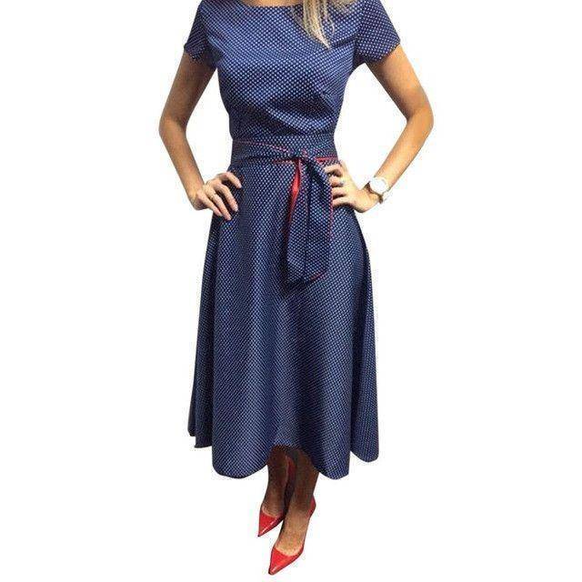 Clothing Blue / S (US 4-6) Summer Polka Dot  Short Sleeve Vintage Dress  (US 4-16)