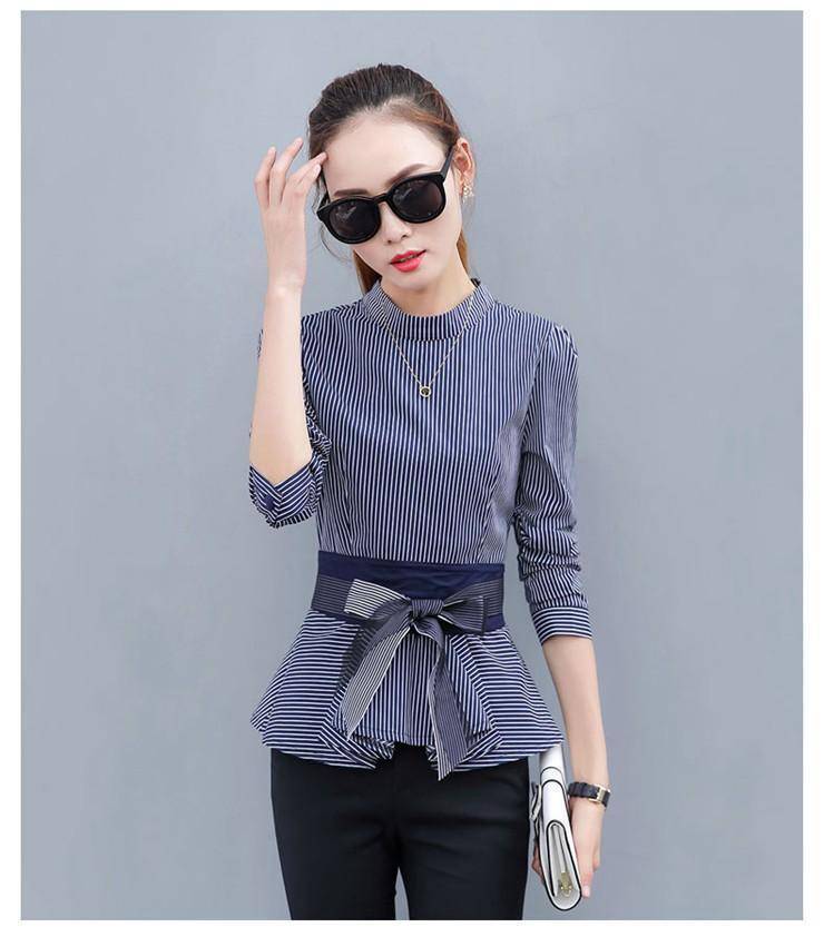 Clothing Blue / S (US 4 ) Peplum Striped Blouses with Bow Long Sleeve Shirts  (US 4-12)