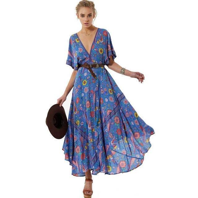 www. - Bohemian Dress Retro Bohemian summer Dress Ethnic Deep V-neck  Floral Print tassel