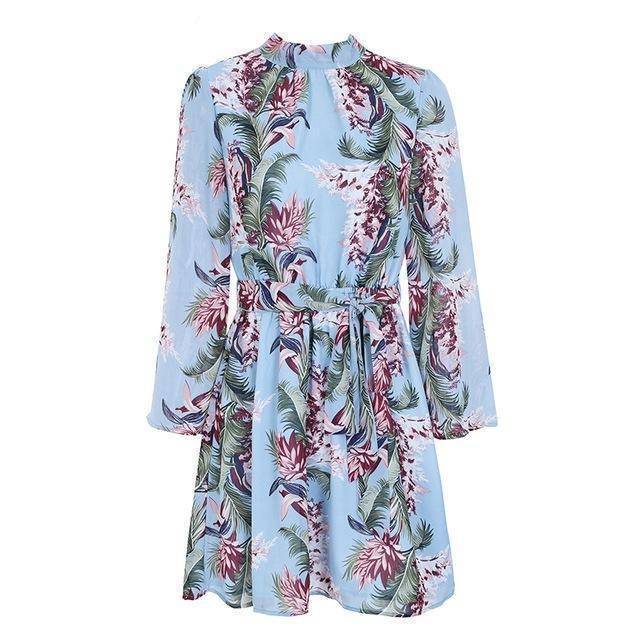 Clothing Blue / S (US 6-8) Flare sleeve floral print chiffon dress (US 6-14)