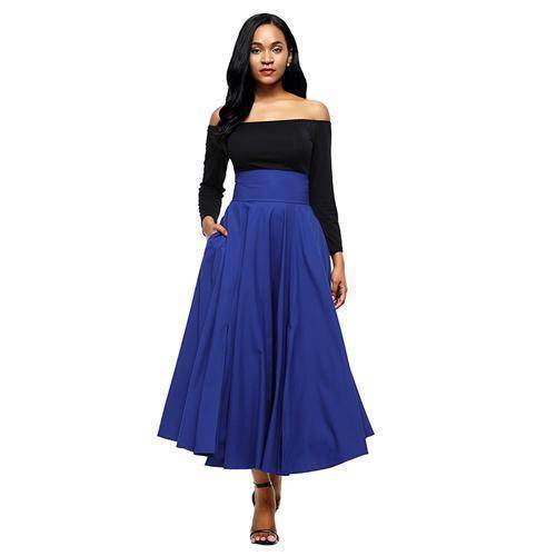 Clothing Blue / S (US 6-8) Maxi Skirt vintage Retro High Waist Pleated  Long Skirts Back Bow with Belt (US 6-16)