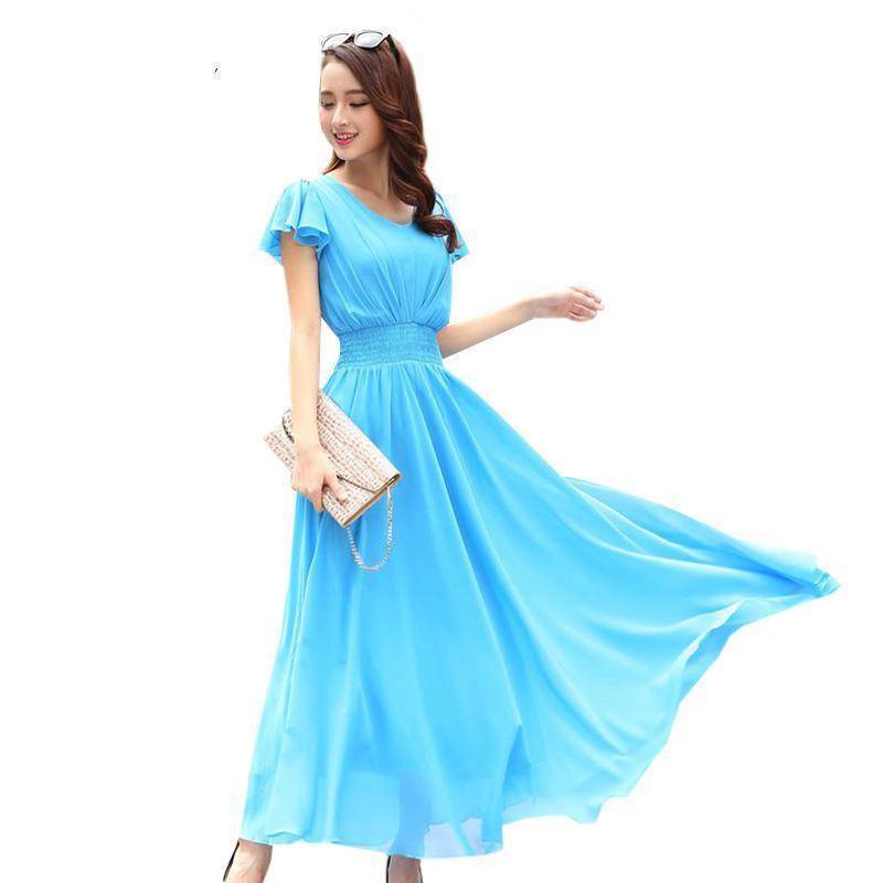 Clothing Blue / S (US 6) Chiffon Solid Bohemian Dress Maxi dresses V-Neck Causal  (US 6-12)