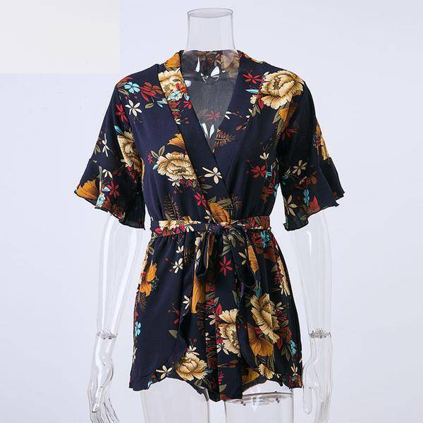 Clothing Blue / S (US 8-10) Boho Floral Print Ruffles Playsuits V Neck Jumpsuits Rompers  (US 8-14)