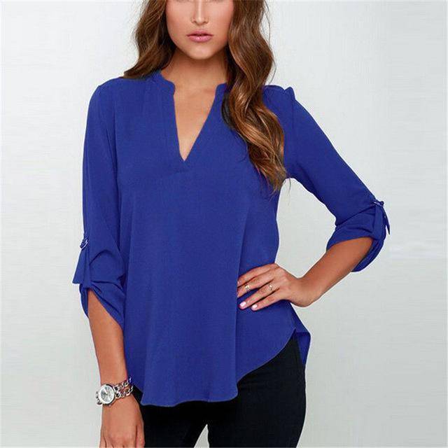 Clothing Blue / S (US 8-10) Plus Size - New Summer Fashion Women Casual V-neck Long Sleeve Blouse Casual Womens Loose Tops Blouses Clothing (8-22W)