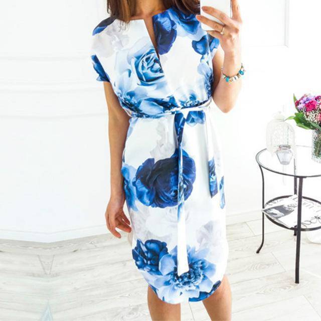 clothing Blue / S (US 8 - 10) Plus Size - Summer Casual Dresses V-neck knee length dress, short Sleeve geometric Print (US 8 -16)