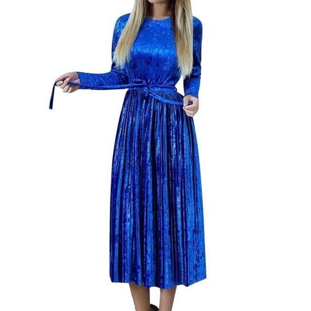 Clothing Blue / S (US 8-10) Plus Size - Vintage Velvet Winter  Dress, with Waist slimming design, Knee Length Dresses  (US 8-16)