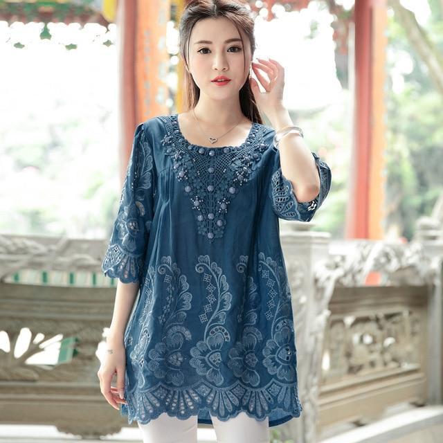 Clothing blue / XL (US 14-16) summer new retro Chinese wind embroidery women blouse hollow out round neck plus size art blouse shirt top blusas 782F 30 (US 14-18W)