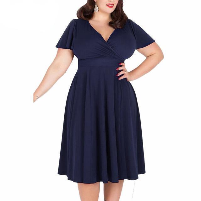 www.Nuroco.com - Plus Size - Women Sexy V-neck Short Sleeve 50s Party A-line Dress Vintage Stretchy www.Nuroco.com - Plus Size - Women Sexy V-neck Short Sleeve 50s Party A-line Dress Vintage Stretchy