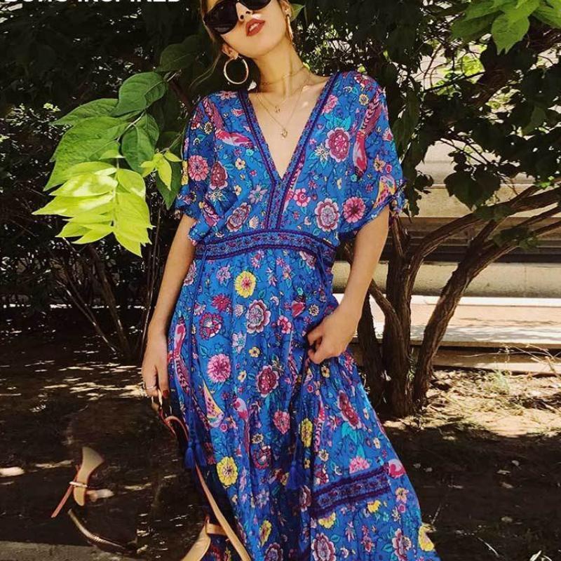 www.Nuroco.com - Bohemian Dress Retro Bohemian summer Dress Ethnic Deep V-neck  Floral Print tassel