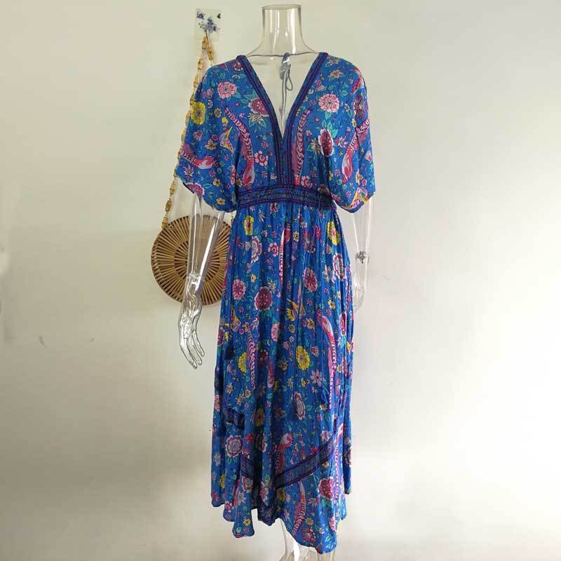 Clothing Bohemian Dress Retro boho chic summer Dress Ethnic Deep V-neck Floral Print tassel tied elastic waist maxi dress (US 6-14)