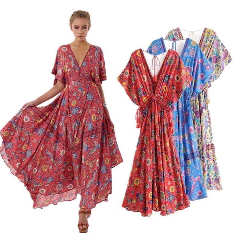 Clothing Bohemian Dress Retro boho chic summer Dress Ethnic Deep V-neck Floral Print tassel tied elastic waist maxi dress (US 6-14)