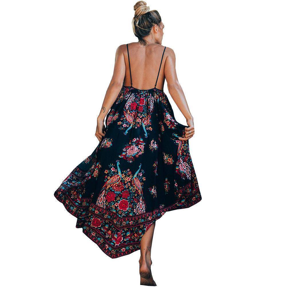 Clothing Boho Floral Maxi Dress Sleeveless Backless Long Summer Dress (US 10-16)