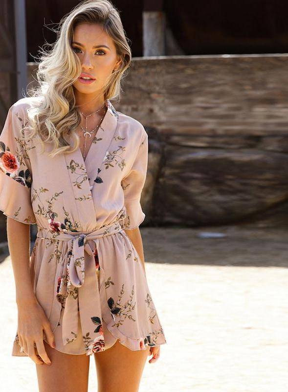 Clothing Boho Floral Print Ruffles Playsuits V Neck Jumpsuits Rompers  (US 8-14)