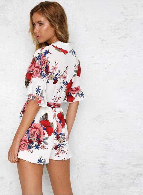 Clothing Boho Floral Print Ruffles Playsuits V Neck Jumpsuits Rompers  (US 8-14)