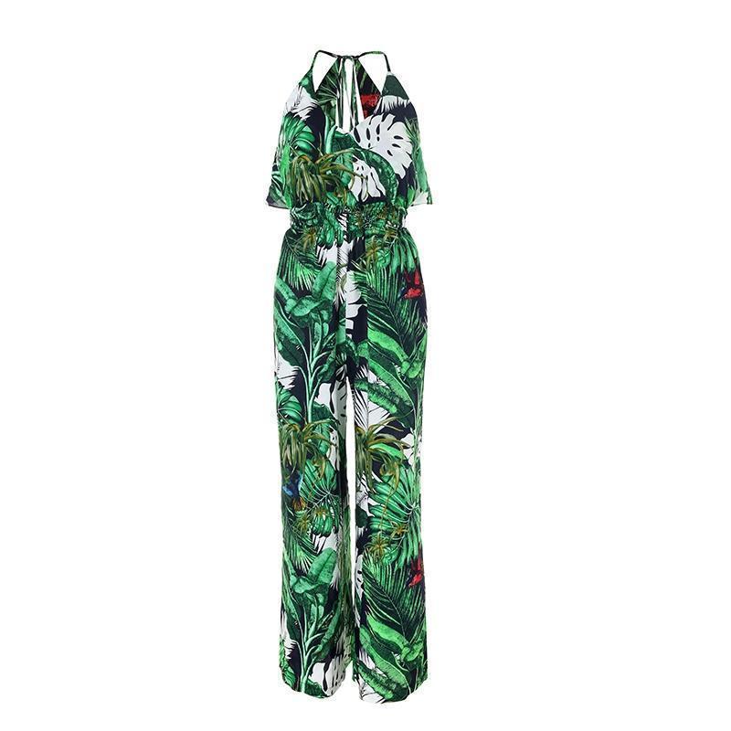 Clothing Boho Green Ruffle Leaf Print Sexy Jumpsuit (US 10-16)